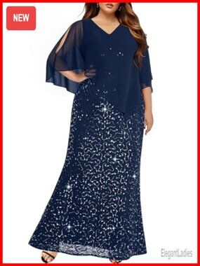 Plus Size Formal Evening Long Dress Chiffon Cape Sequin Lace Mermaid Gown